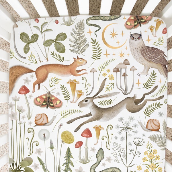 Magical woodland Crib Sheet Boho Minky bedding Jungle crib bedding Personalized bedding Bunny Squirrel Owl Butterfly Moth and Snail