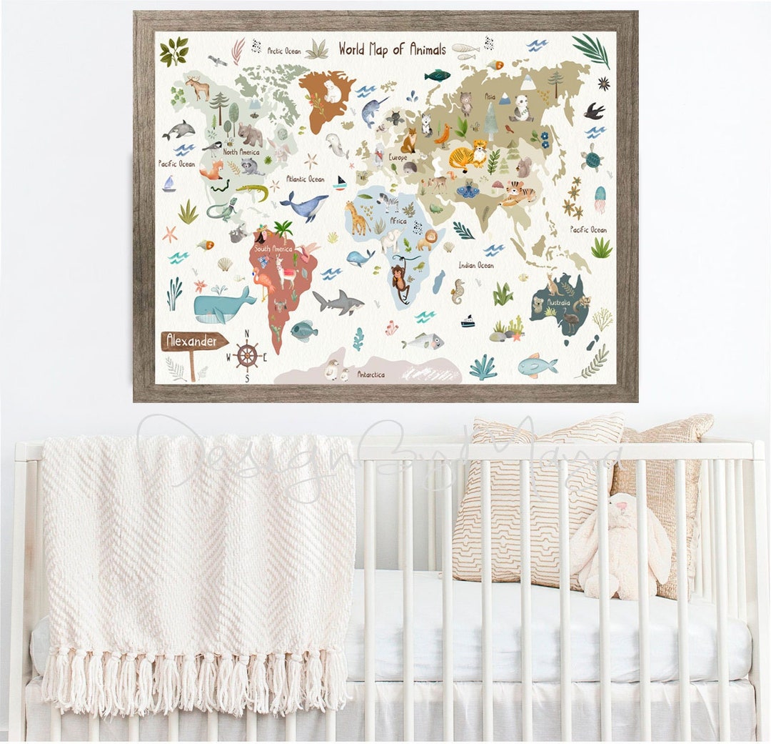 World Map Animals Nursery Decal: Kids Room Fabric Wall Decor - Etsy