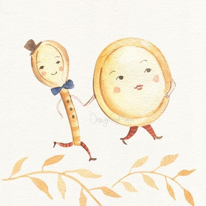 May include: A watercolor illustration of two cartoon characters, a spoon and a round plate, walking together. The spoon is wearing a hat and a blue bow tie. The plate has a red mouth and red cheeks. The characters are walking on a path with golden leaves.