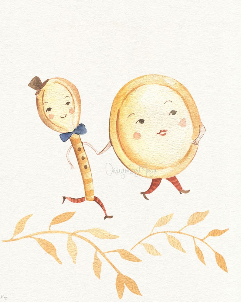 May include: A watercolor illustration of two cartoon characters, a spoon and a round plate, walking together. The spoon is wearing a hat and a blue bow tie. The plate has a red mouth and red cheeks. The characters are walking on a path with golden leaves.