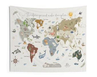 Tapeçaria de Mapa-múndi: Decoração de quarto infantil com animais