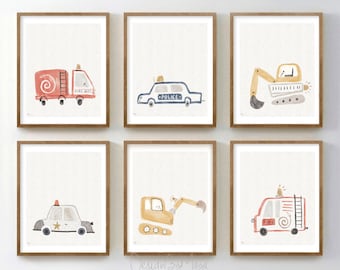 Construction Trucks Nursery Print: Fire Truck, Police Car, Excavator