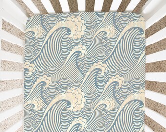 Vintage blue Boho Waves Fitted Crib Sheet, Crib Sheet, Waves Crib Sheet, Blue Crib Sheet, Ocean Crib Sheet, Watercolor Under The Sea bedding