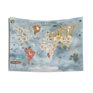 Kids room Tapestry World Map, Nursery decor, Kids room decor, Kids Room tapestry, Printed tapestry, Playroom wall art, World Map Animals World map #5