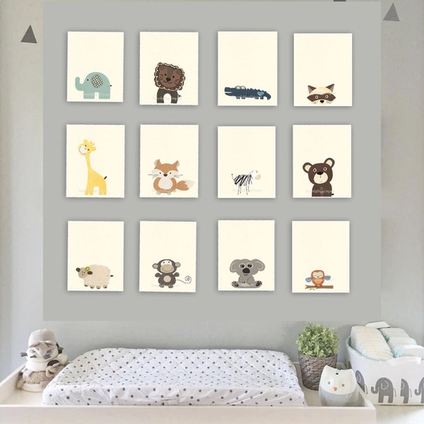Baby Nursery Art, Nursery Art Decor, Portraits en gros plan, Bébé Safari animaux, Girafe Singe Renard Crocodile Mouton Lion Éléphant Ours Koala