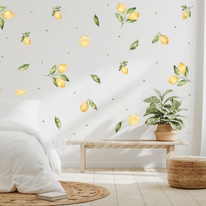 Aquarel citroenen kunst, huis muurstickers, clementine muurschilderingen, stof citrus stickers, zuidelijk decor, boho wanddecoratie, retro sticker kinderkamer