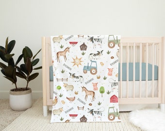 Farm animals blanket, Baby shower gift, Woodland Forest Baby blanket, Nursery bedding, Baby Minky Fleece, Farm kids personalized bedding