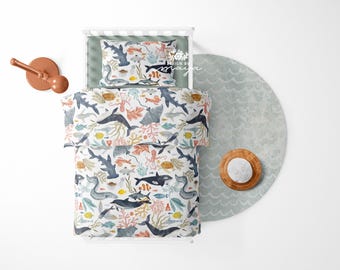 Ocean Life Twin Bedding Set: Whales, Sharks, Fish, Coral Watercolor Print