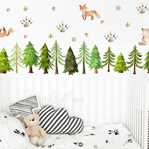 Forest Wall Decal, Fabric decals baby, Wall Decal, Room Mural, Nursery decal, Woodland Animal Decals, Pine trees stickers, Baby Room decor