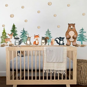 Woodland theme kids room Wall Decal Fabric Wall Decal Room Mural Nursery decal Forest Animal Decals Pine trees stickers Baby decor