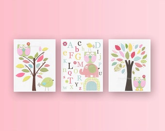 Baby Girl Room Baby girl nursery First we had Nursery Art Kids room decor Pink Green Elephant owl tree bird Set of 3 prints Hayley Owl art