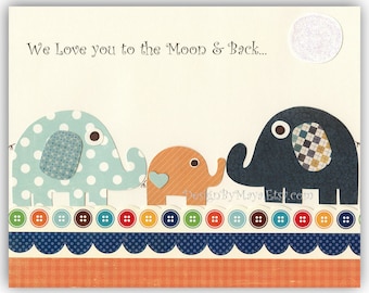 Baby boy room Nursery print wall art Elephant ...We love you to the moon and back...dark light blue orange