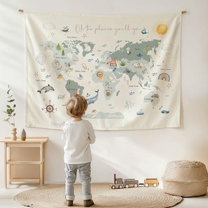 Wandteppich für Kinderzimmer, Kinderzimmerdeko, Kinderzimmerdekor, Kinderzimmerdeko, Wanddeko, Spielzimmer, Weltkarte Tiere