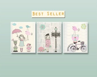 Nursery art Baby room decor French decor nursery wall art Paris Metro Shabby chic Vintage style nursery Pink Green Aqua Mint Umbrella Bike