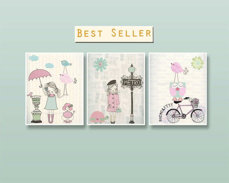 Nursery art Baby room decor French decor nursery wall art Paris Metro Shabby chic Vintage style nursery Pink Green Aqua Mint Umbrella Bike