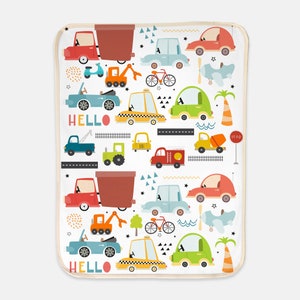 Transportation baby blanket, Race Cars bedding, Baby Nursery bedding, Taxi Tractor Truck blanket Minky Sherpa Fleece City life Vehicle decor