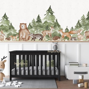 Woodland theme kids room Wall Decal, Fabric Wall Decal Room Mural, Nursery decal, Forest Animal Decals, Pine trees stickers Baby wall decor