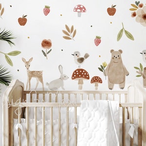 Woodland theme kids room Wall Decals, Fabric Watercolor Room Mural Nursery watercolor Forest Animal Decals Pine trees stickers Baby decor image 6