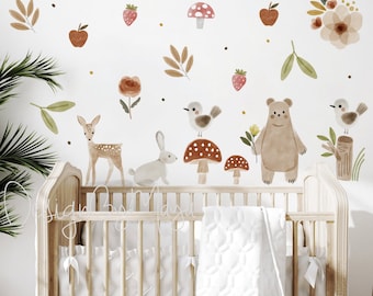 Woodland theme kids room Wall Decal Fabric Watercolor Room Mural Nursery decal Forest Animal Decals Pine trees stickers Baby decor