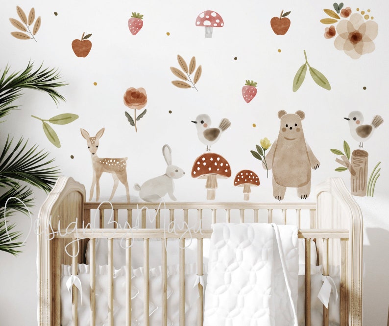 Woodland theme kids room Wall Decals, Fabric Watercolor Room Mural Nursery watercolor Forest Animal Decals Pine trees stickers Baby decor image 6