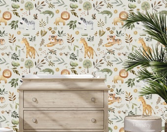 Safari animals wallpaper, wall decor Green and Brown, Floral Nursery, Tiger Lion Giraffe Zebra  Crocodile Flower Foliage wallpaper Baby room