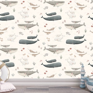 Maritime Tapete, Meer Leben Dekor, Wale Tapete, Boho Abstrakt, Wasserfarben Baby Zimmer Aquarell Kinderzimmer Dekor Wandbild Cling