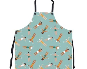 Women’s Kitchen Apron, Chef’s Apron, Cool Cooking Apron, Swimmers design, Lemon, Clementine, Safari, Waist & Neck straps tie, Made in USA