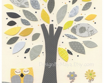 Nursery Art Decor, Kids Print, abc, baby owl nursery art, baby owl, gray, yellow, tree, baby boy room decor