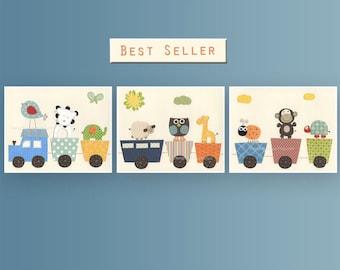 Safari Animal Train Nursery Art Prints: Baby Room Decor, Set of 3 (8x10)