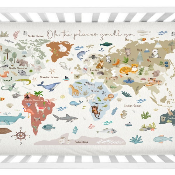 World Map Crib Sheet Minky or Jersey Our world Nursery Baby bedding, World map bedding, Travel bedding, Adventures awaits crib sheet