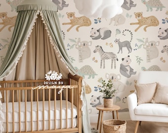Behang schattige babydieren: boho kinderkamerdecoratie, panda, zebra, tijger