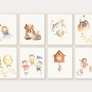 May include: Set of eight watercolor illustrations featuring various fairytale characters and objects. The illustrations include a girl in a blue dress, a brown boot, a cow, a prince, a clock, a girl with a shepherd's crook, and two children.