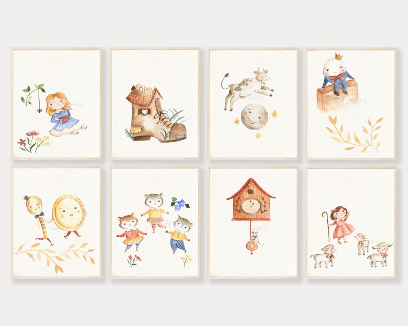 May include: Set of eight watercolor illustrations featuring various fairytale characters and objects. The illustrations include a girl in a blue dress, a brown boot, a cow, a prince, a clock, a girl with a shepherd's crook, and two children.