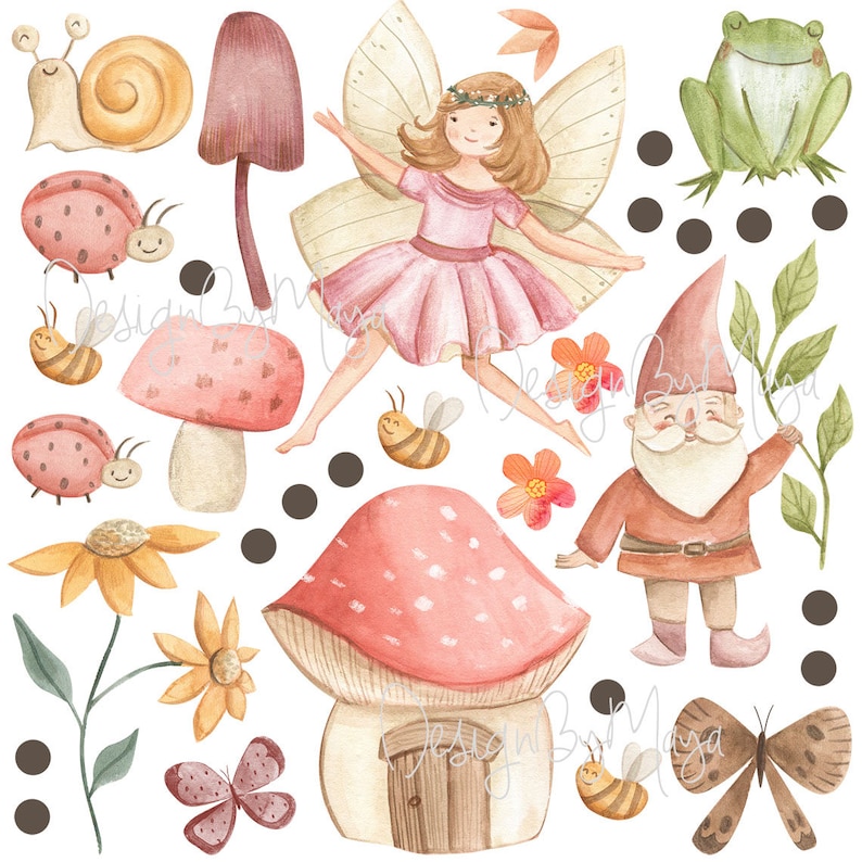 Puede incluir: Una ilustraci&oacute;n de acuarela con un hada, un gnomo, un caracol, mariquitas, setas, mariposas, flores y una rana. El hada lleva un vestido rosa y tiene el pelo casta&ntilde;o. El gnomo lleva un sombrero marr&oacute;n y un atuendo rojo y marr&oacute;n. El caracol se arrastra por una hoja. Las mariquitas son rojas con manchas negras. Las setas son rosas con manchas blancas. Las mariposas son marrones con manchas negras. Las flores son amarillas y rosas. La rana es verde con manchas marrones.