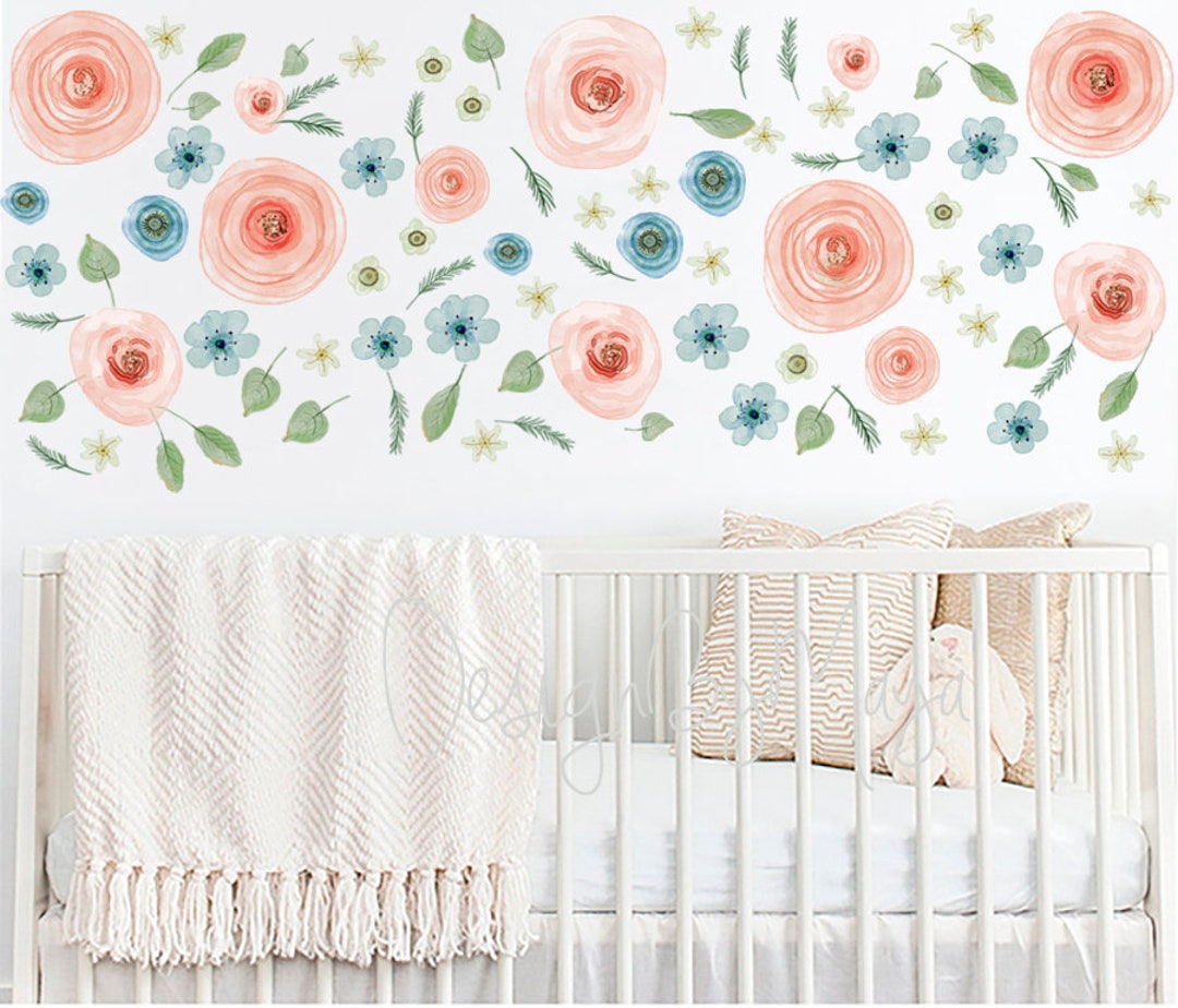Watercolor Floral Wall Decals: Pink Roses, Baby Girl Nursery Decor - Etsy