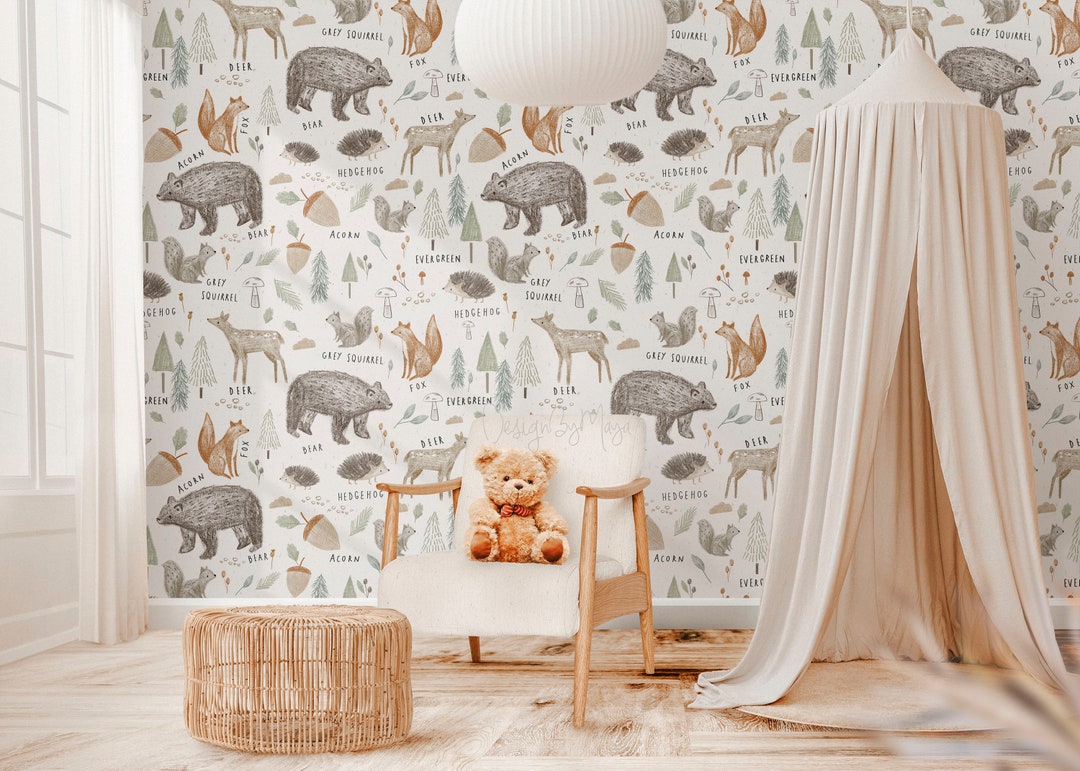 Woodland Animals Wallpaper: Boho Nursery Decor, Peel and Stick Mural - Etsy