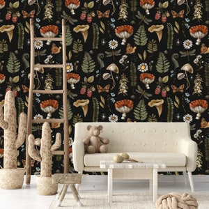 Carta da parati Mushroom Baby, Carta da parati Magic Forest, Carta da parati Boho Style Vintage Nursery, Carta da parati Watercolor Nursery Decor Mural Cling