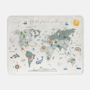 Kocyk minky My World, Mapa świata do pokoju dziecięcego, Kocyk z motywem zwierzątek, Pościel do pokoju dziecięcego z motywem zwierzątek, Dookoła globu, Pościel dla małych odkrywców