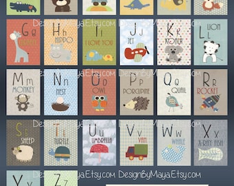 Alphabet Karten A bis Z Tieralphabet, Kartenset Kinderzimmer, Wandkarten Tieralphabet, Alphabet Fine Art Prints, ABC Karten zum Aufhängen