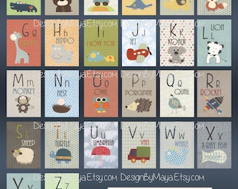 Alphabet Cards A to Z Animal Alphabet Card Set Nursery Wall Cards Animal Alphabet Flash Cards Alphabet Fine Art Prints, ABC Cards to hang