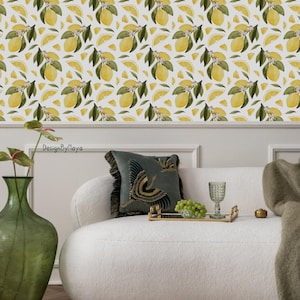 Lemons wallpaper, Monstera giant leaf wallpaper, Woodland wallpaper, Boho style Vintage wallpaper, Living Room mural Cling, Citrus wall art