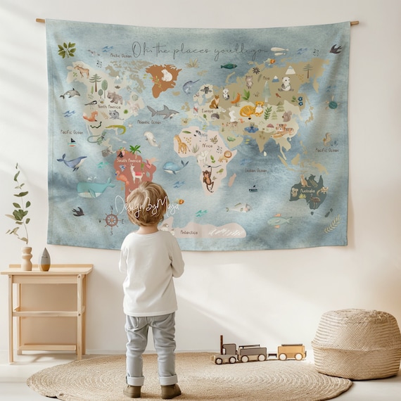 世界地図タペストリー：子供部屋の装飾、動物テーマ - Etsy 日本