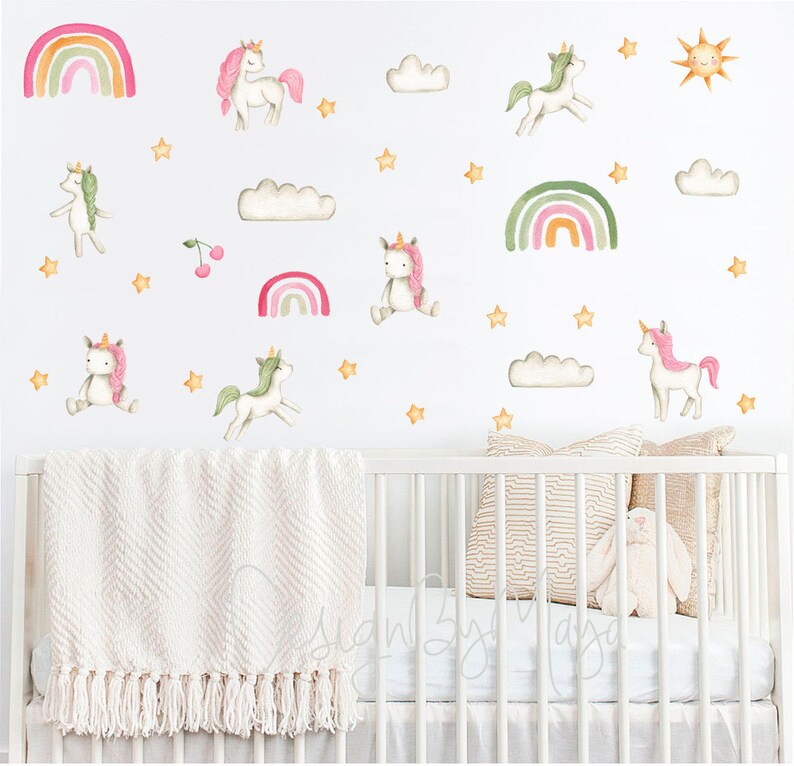 Baby girl nursery Baby Unicorns Watercolor Nursery decals Etsy