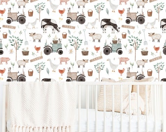 Farm animals wallpaper, Boho style Vintage Nursery wallpaper, Farmhouse Baby Room Watercolor Nursery wallpaper Decor mural Cling for Baby