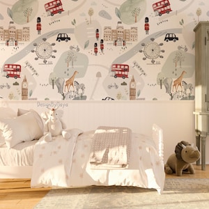 May include: A child's bedroom featuring a London-themed wallpaper with illustrations of red double-decker buses, the London Eye, and Big Ben. The bed has white bedding with a floral pattern, a stuffed unicorn, and a dinosaur toy.