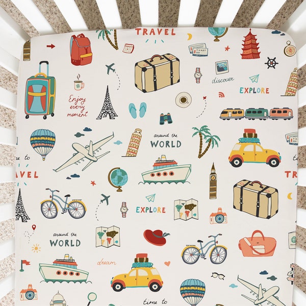 Around the world Crib Sheet Minky Jersey Sky Nursery Baby baby bedding Hot Air Balloon, Airplane, Bike, Eiffel tower, Taxi Boat Travel theme