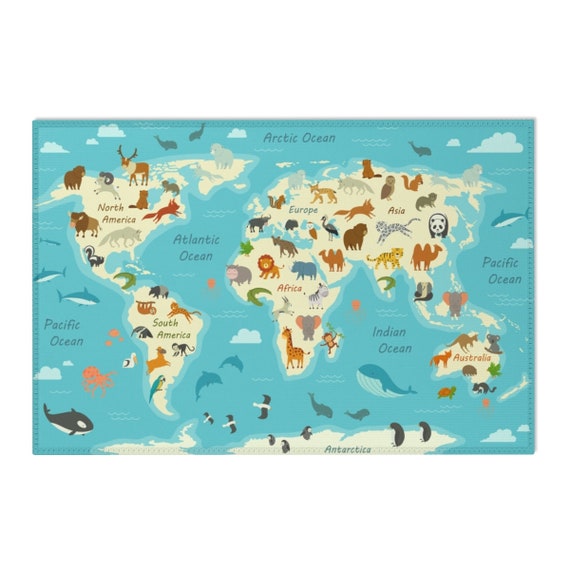 in Verde Tappeto da Gioco per Le camere dei Bambini Dimensione:80x150 cm Tappeto per Bambini Mappa del Mondo con Animali 