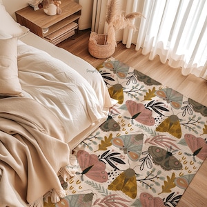 Mottenteppich, Raumteppich mit Wildblumen, Erdtöne Mottenteppich, Spielteppich, Waldteppich, Spielzimmerteppich, Weltkarte Tiere