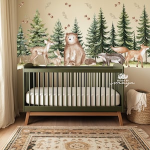 Woodland theme kids room Wall Decal, Fabric Wall Decal Room Mural, Nursery decal, Forest Animal Decals, Pine trees stickers Baby wall decor