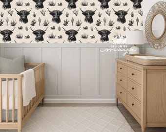 Highland Cow Decor Nursery, Vintage Farm Animal Wallpaper: Boho Nursery Mural